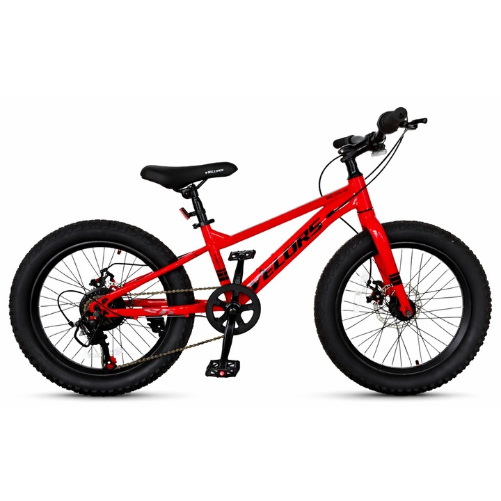 Bicicleta MTB de munte Velors BigOne JSX20272, cadru cu cabluri integrate, echipare Shimano, roata 20 inch balon lat 3.0, frana pe disc, 7 viteze, rosu cu negru