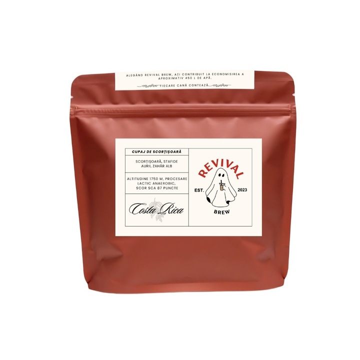 Cafea boabe Revival Brew Cupaj de Scortisoara, cafea de specialitate, Costa Rica Tarrazu, Lactic Anaerobic, prajire light, 87 SCA, 250g