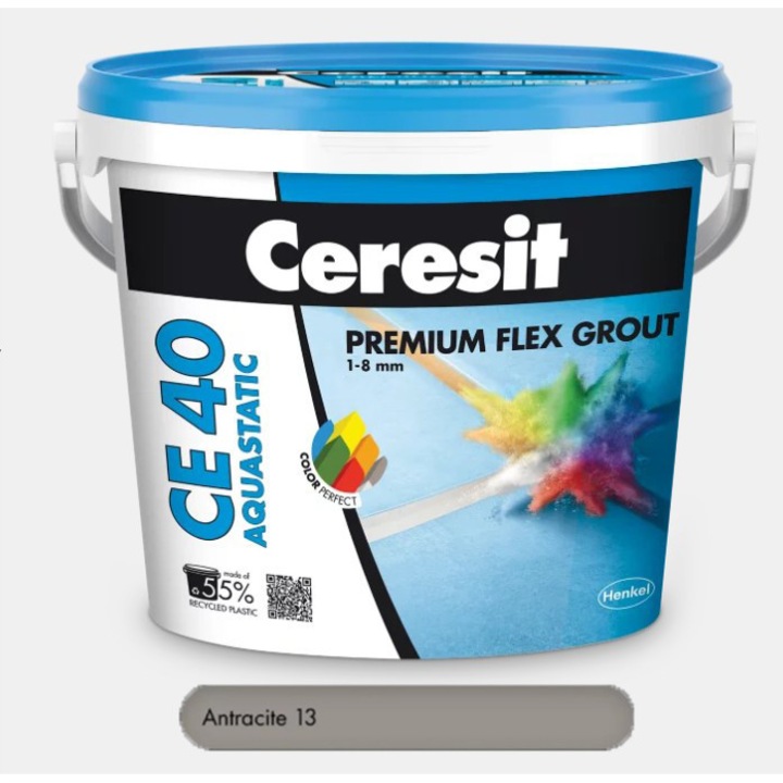 Chit premium Antracit 2 kg pentru rosturi Ceresit CE 40 Aquastatic, flexibil, rezistent la apa si mucegai, 1-8 mm, interior si exterior, gresie faianta portelan piatra