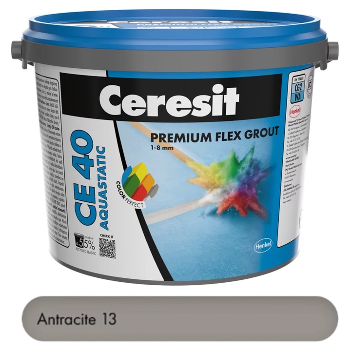 Chit premium Antracit 2 kg pentru rosturi Ceresit CE 40 Aquastatic, flexibil, rezistent la apa si mucegai, 1-8 mm, interior si exterior, gresie faianta portelan piatra