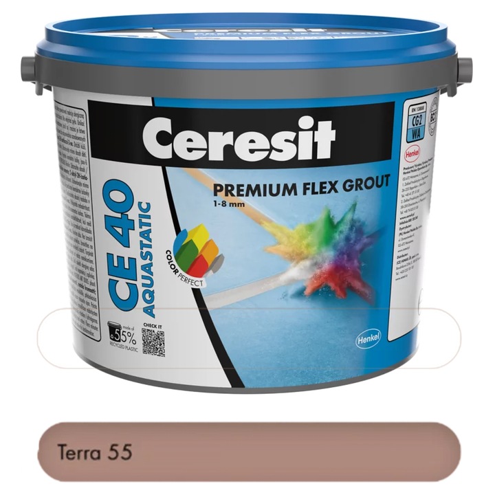 Chit premium Terra 2 kg pentru rosturi Ceresit CE 40 Aquastatic, flexibil, rezistent la apa si mucegai, 1-8 mm, interior si exterior, gresie faianta portelan piatra