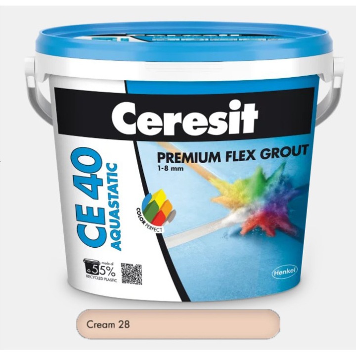 Chit premium Cream 5 kg pentru rosturi Ceresit CE 40 Aquastatic, flexibil, rezistent la apa si mucegai, 1-8 mm, interior si exterior, gresie faianta portelan piatra