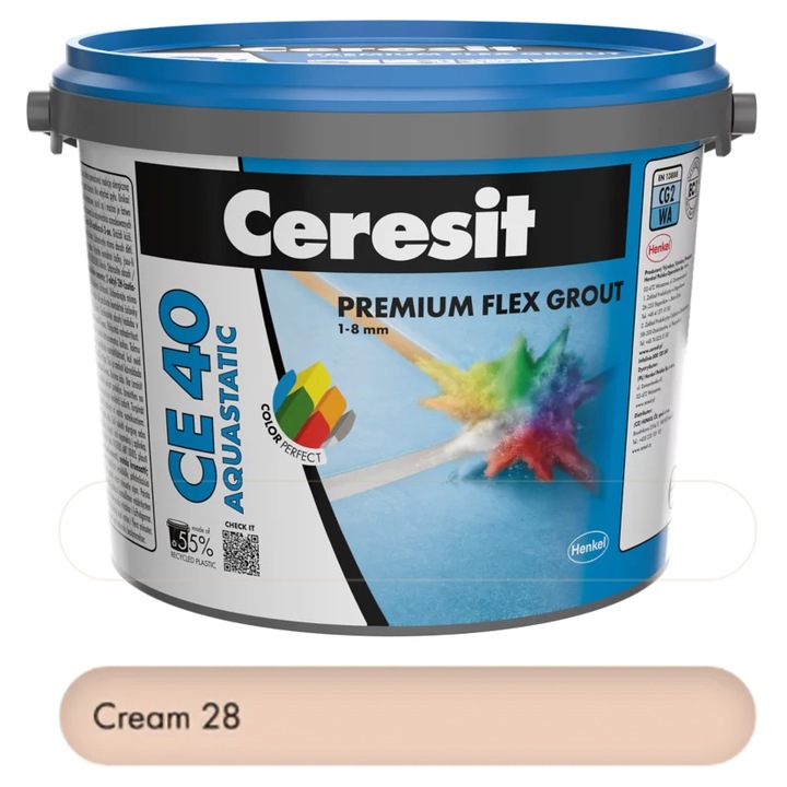Chit premium Cream 2 kg pentru rosturi Ceresit CE 40 Aquastatic, flexibil, rezistent la apa si mucegai, 1-8 mm, interior si exterior, gresie faianta portelan piatra