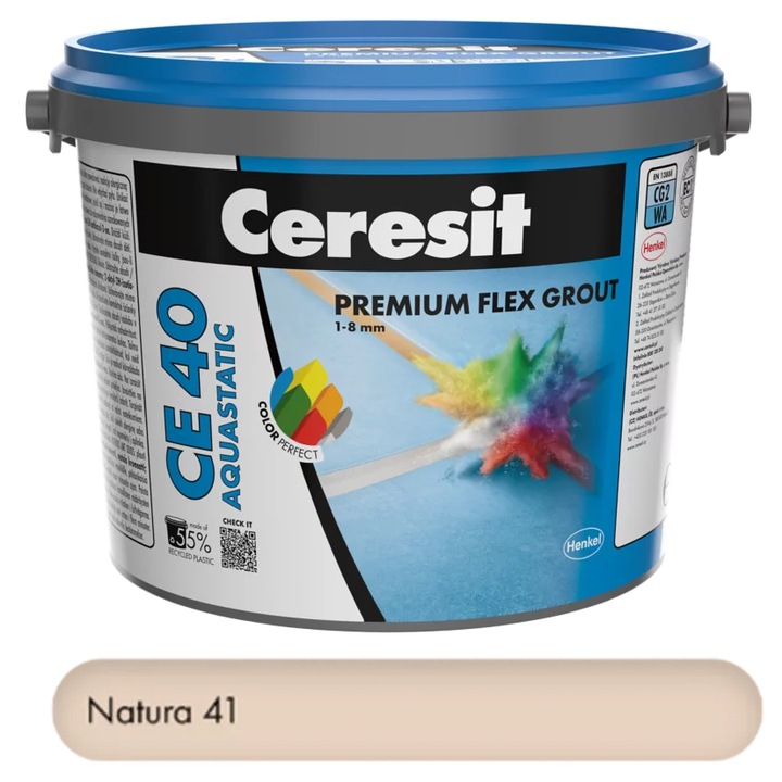 Chit premium Natura 2 kg pentru rosturi Ceresit CE 40 Aquastatic, flexibil, rezistent la apa si mucegai, 1-8 mm, interior si exterior, gresie faianta portelan piatra