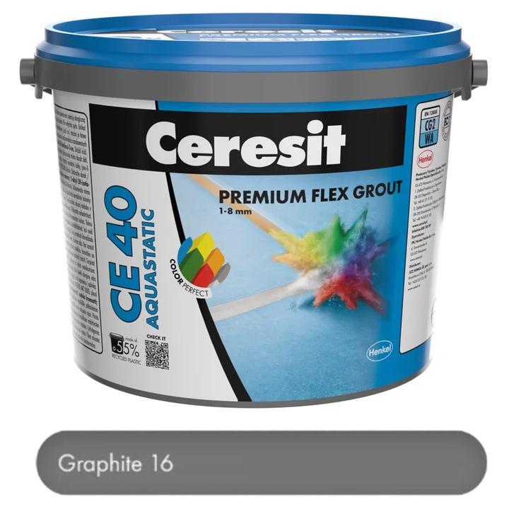 Chit premium Graphite 5 kg pentru rosturi Ceresit CE 40 Aquastatic, flexibil, rezistent la apa si mucegai, 1-8 mm, interior si exterior, gresie faianta portelan piatra