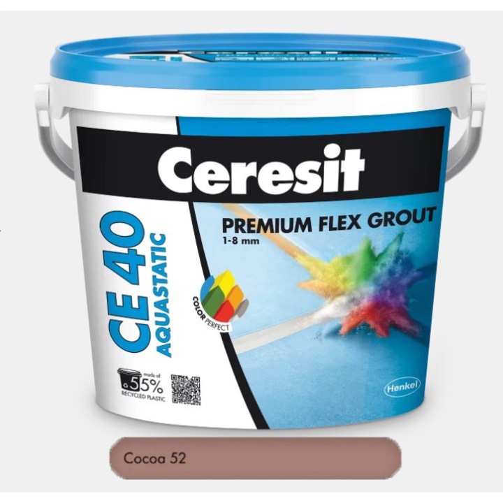 Chit premium Cocoa 5 kg pentru rosturi Ceresit CE 40 Aquastatic, flexibil, rezistent la apa si mucegai, 1-8 mm, interior si exterior, gresie faianta portelan piatra