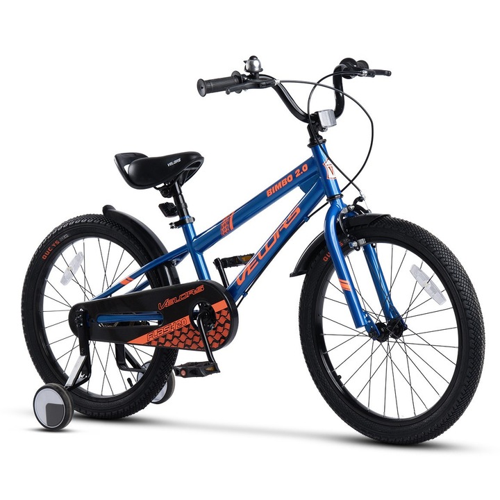 Bicicleta MTB ERBV2007B pentru copii cu roti de 20", frane Fata V-brake/spate-Tambur, Roti Ajutatoare, albastru/portocaliu, Velors Baby Kids BIMBO Bike pentru varsta 7/10 ani