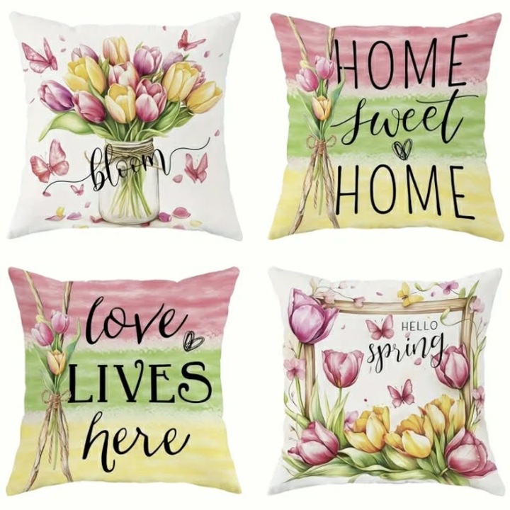Színes, tavaszi, 4 db-os díszpárnahuzat készlet, tulipán, otthon, home motívum, kétoldalas, kültérre is, díszpárna, párna, huzat, dekoráció, 45x45 cm r531