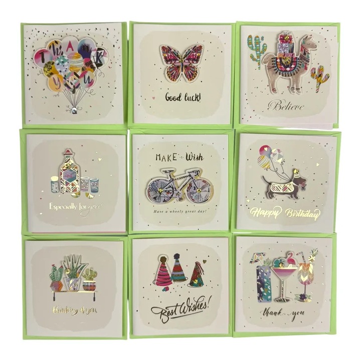 Set 18 Carduri Cadou cu Plic, 9 Modele, Multicolor, 9x9cm