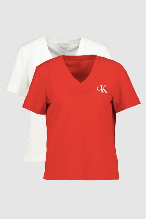 CALVIN KLEIN JEANS, Set de tricouri cu decolteu in V si logo - 2 piese, Rosu/Alb rece