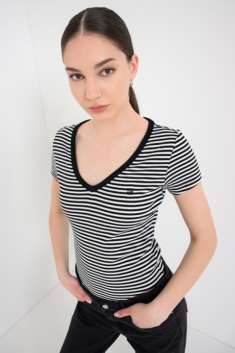 Tommy Jeans, Tricou striat cu decolteu in V, Alb murdar/Negru antracit