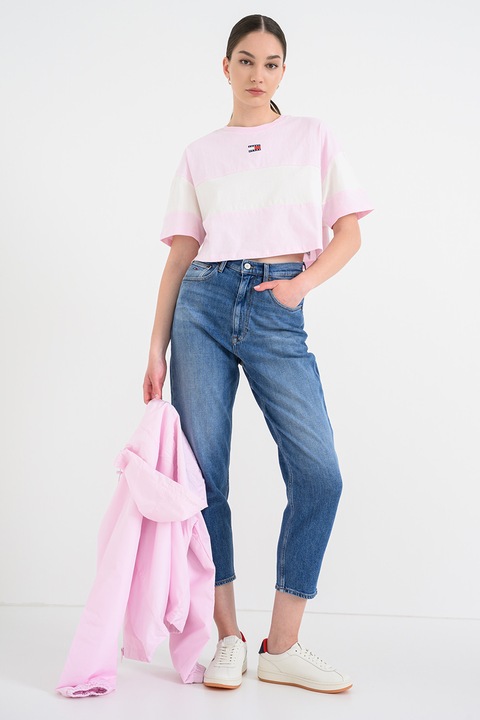 Tommy Jeans, Tricou crop cu logo, Roz prafuit deschis/Alb murdar