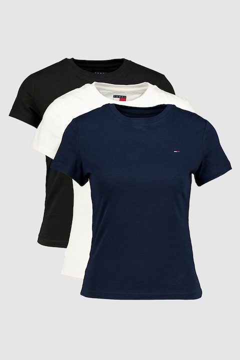 Tommy Jeans, Set de tricouri slim fit de bumbac- 3 piese, Negru/Alb arctic/Bleumarin stins