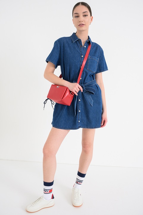 Tommy Jeans, Rochie-camasa mini de denim cu buzunare laterale, Albastru prafuit