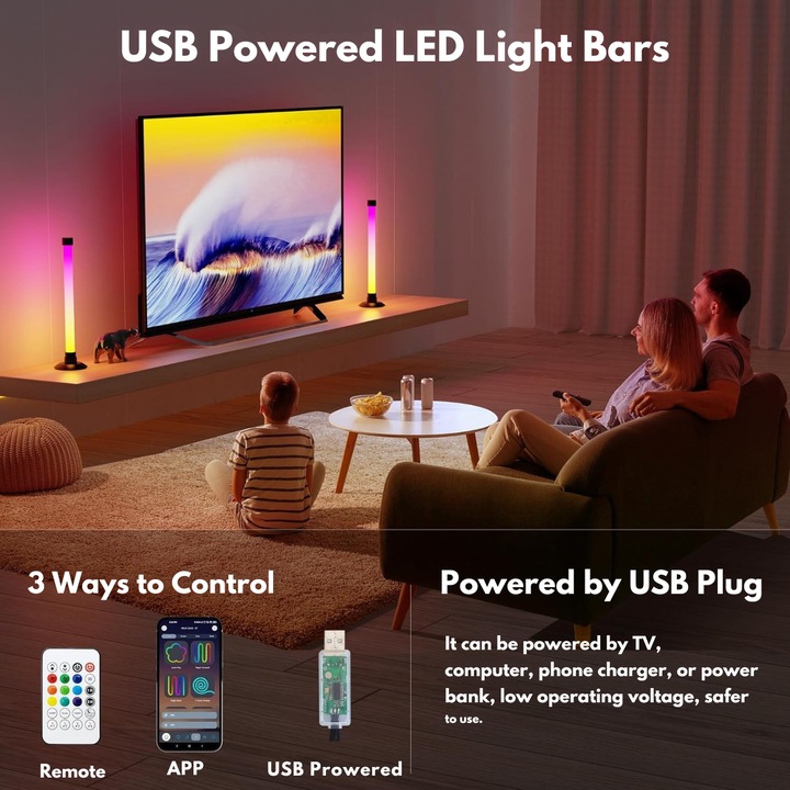 Комплект 2 LED лампи Qova, RGB Smart, 360 светлинни ефекта, Амбиентни за телевизор и игри, Управление чрез приложение Tuya WiFi + дистанционно управление, USB интерфейс, Синхронизация с музика, 16 милиона цвята, Амбиентно осветление