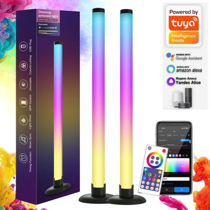 Set 2 Lampi/ Bare Luminoase LED RGB Smart, Qova®, Jocuri de Lumini 360, Ambientale pentru TV & Gaming, Control prin Aplicatie Tuya WiFi + Telecomanda, Interfata USB, Sincronizare Muzica, 16 Milioane Culori, Lumina Ambientala Camera / Dormitor / Gaming