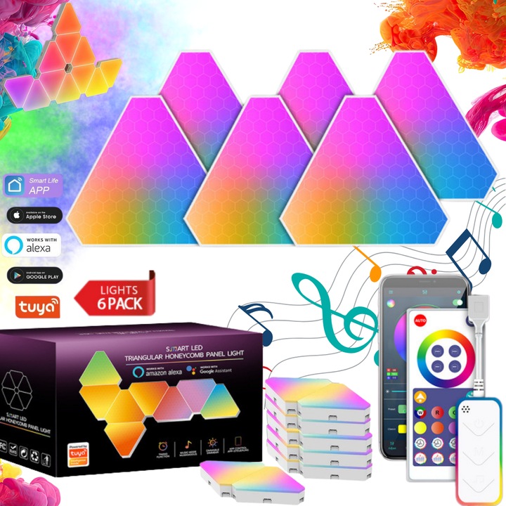 Kit Panouri LED RGBIC Smart Triunghiulare, Set 6 Bucati, Qova®, Control Aplicatie + Telecomanda, Sincronizare Muzica, 16 Milioane Culori, Iluminare Camera / Dormitor, Modular DIY, Dimmer, Timer, Compatibil Tuya, Alexa & Google – Gaming & Decor Interior