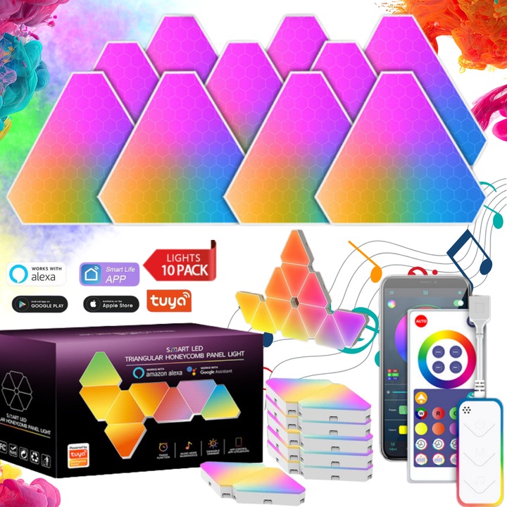 Kit Panouri LED RGBIC Smart Triunghiulare, Set 10 Bucati, Qova®, Control Aplicatie + Telecomanda, Sincronizare Muzica, 16 Milioane Culori, Iluminare Camera / Dormitor, Modular DIY, Dimmer, Timer, Compatibil Tuya, Alexa & Google – Gaming & Decor Interior