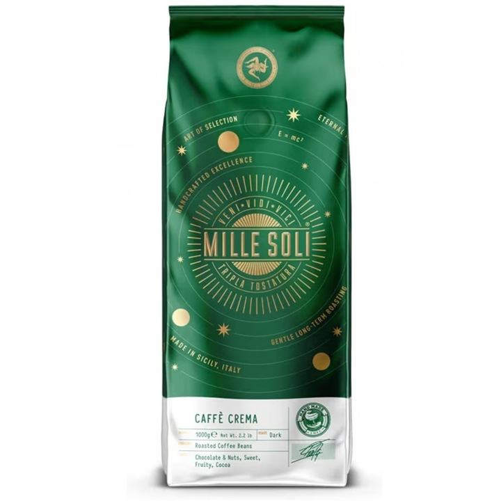 Cafea boabe MilleSoli Caffè Crema 1 kg, prajire tripla traditionala, crema perfecta, aciditate redusa, pentru espressoare automate si portafiltru
