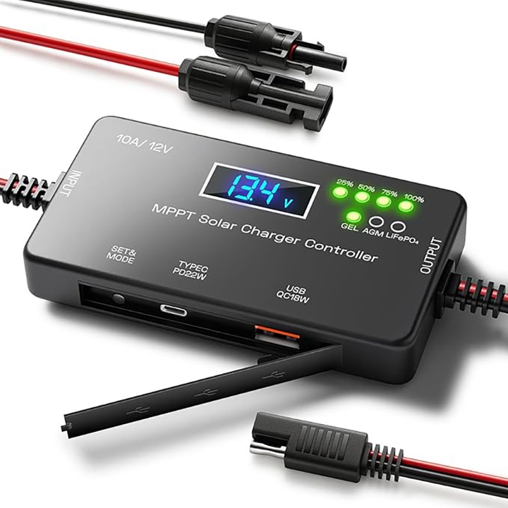Controler de incarcare solar MPPT 12V 10A, Duueyct, cu iesiri Type-C si USB pentru panouri solare si baterii Gel, AGM, LiFePO, regulator inteligent pentru baterii auto, campere, ambarcatiuni