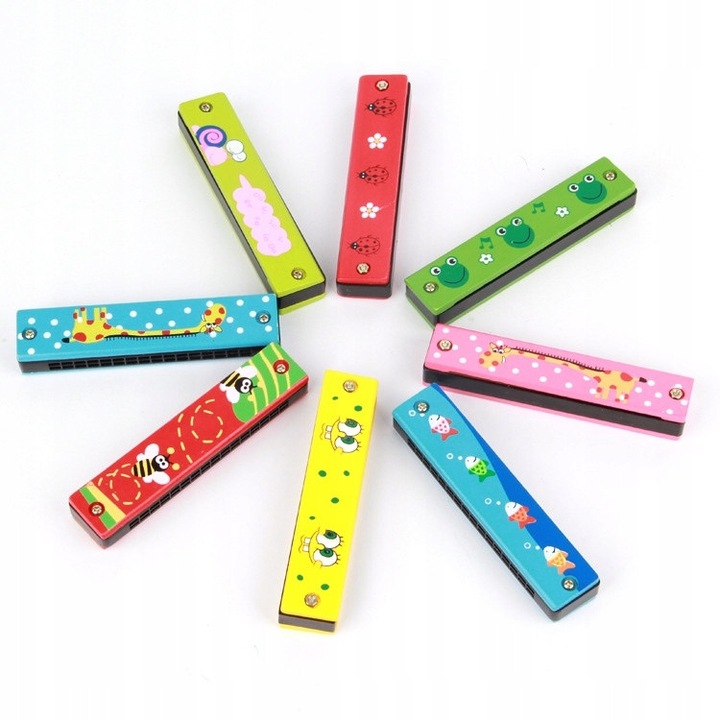 Harmonica din lemn, instrument muzical de jucarie, 16 guri, pentru copii de 4 ani, multicolor