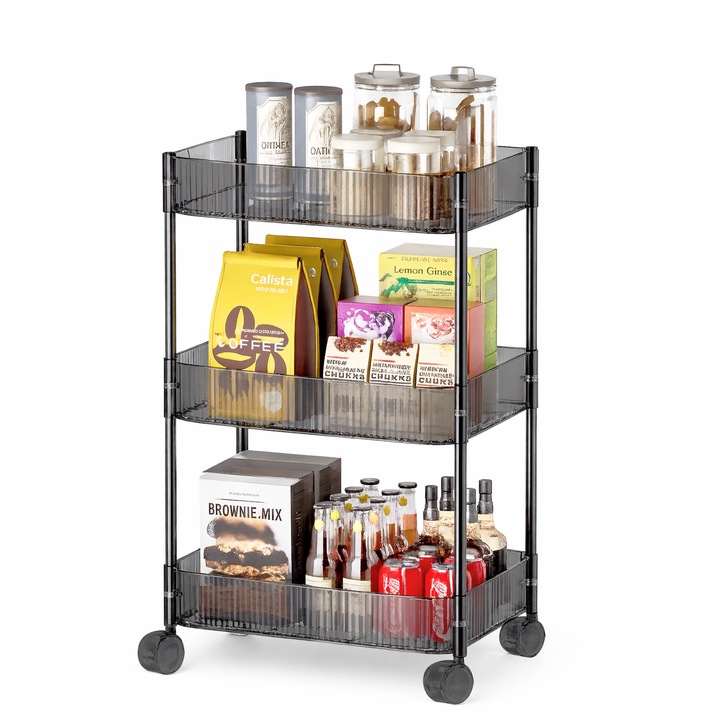 Etajera mobila, HAPPY JOKER, 3 rafturi, transparent, cu roti