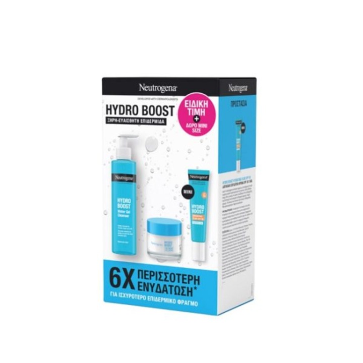 Set Neutrogena Hydro Boost: Gel de curățare 200ml, cremă-gel 50ml, fluid hidratant SPF50 15ml