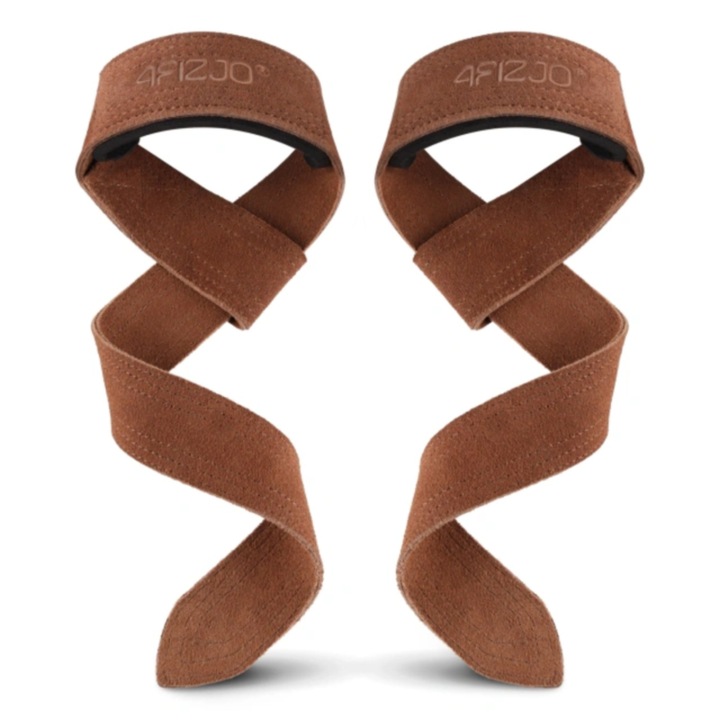 Curele de antrenament din piele naturala pentru indreptari, 4FIZJO, rezistente si confortabile, marime universala, set 2 buc, perfecte pentru tractiuni, ramat sau gantere, antrenamente intense, 59x4 cm, maro