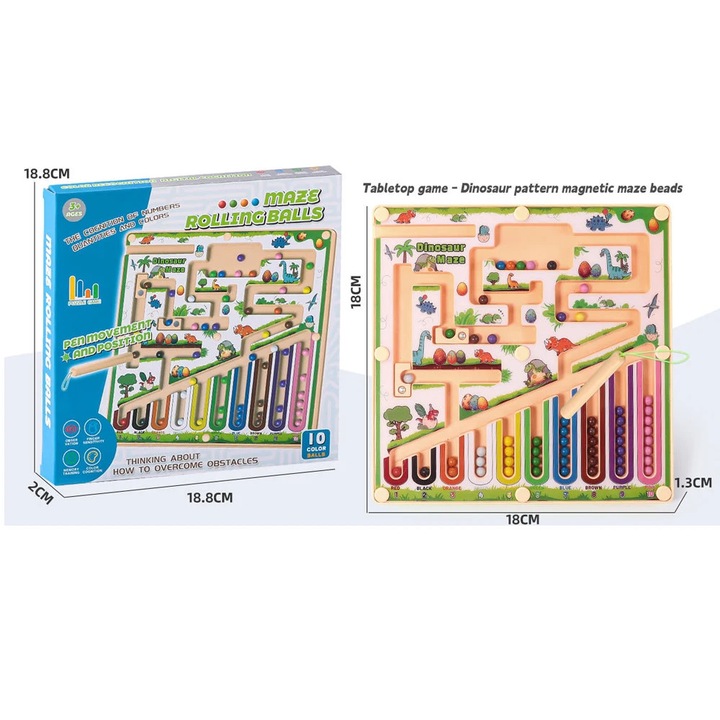 Mágneses labirint játék dinoszaurusz témával gyerekeknek, 3+ éves kortól, színszortírozó puzzle játék mágneses gyöngyökkel, Montessori játék korai oktatáshoz