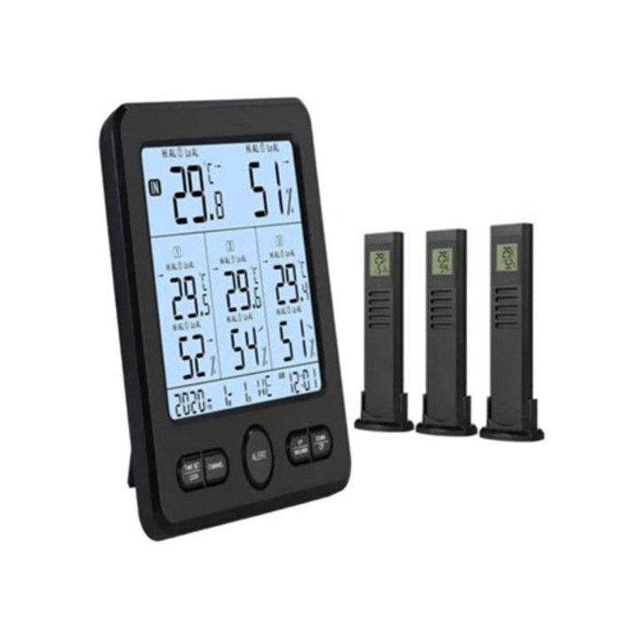 Termometru Meteo, 3 Transmitatoare Remote, Monitorizare Digitala a Temperaturii si Umiditatii, Interior/Exterior, Display LCD