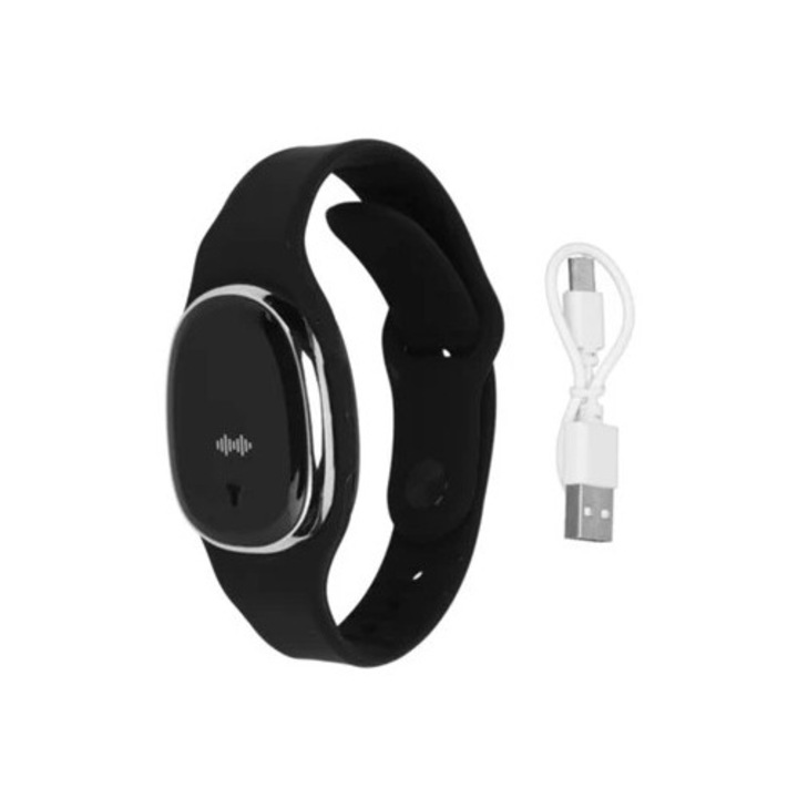 Bratara repelenta pentru tantari cu ceas ultrasonic, incarcare USB, neagra