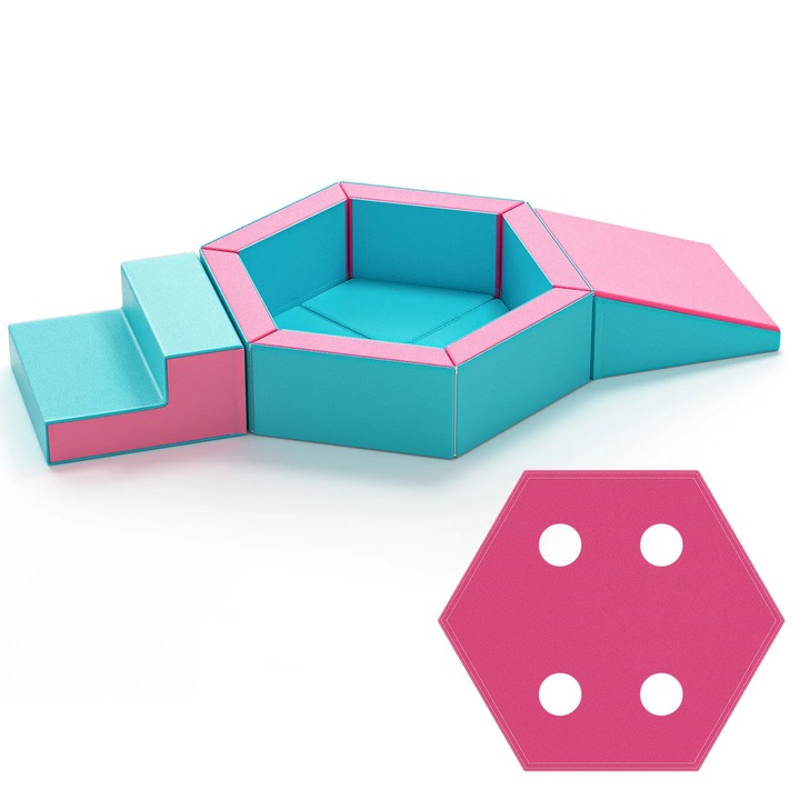 Set de joacă moale, piscină cu bile hexagonală, 9 piese, roz, 191x103x26cm