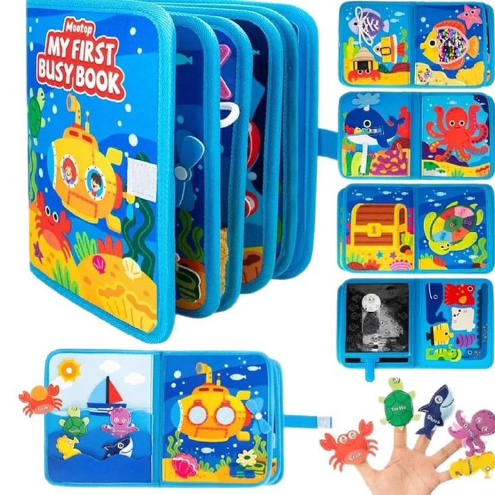 Carte senzorială 10-in-1 Busy Board, temă ocean 3D, albastru, pentru 0-3 ani