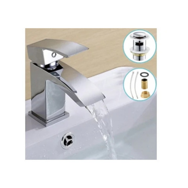 Baterie sanitara eleganta cu apa in cascada, constructie din alama solida, finisaj cromat, control cu un singur levier, design contemporan, inaltime ajustabila