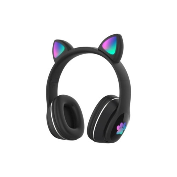Casti Wireless, Bluetooth V5.0, foldabile, cu microfon, urechi de pisica, negre
