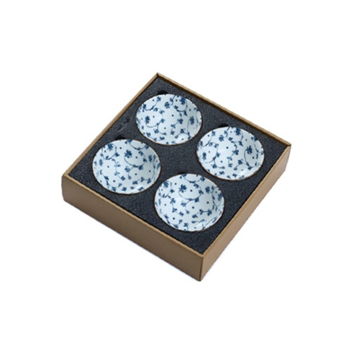 Set boluri ceramice, boluri japoneze, portelan alb-albastru, rezistente la microunde si masina de spalat vase
