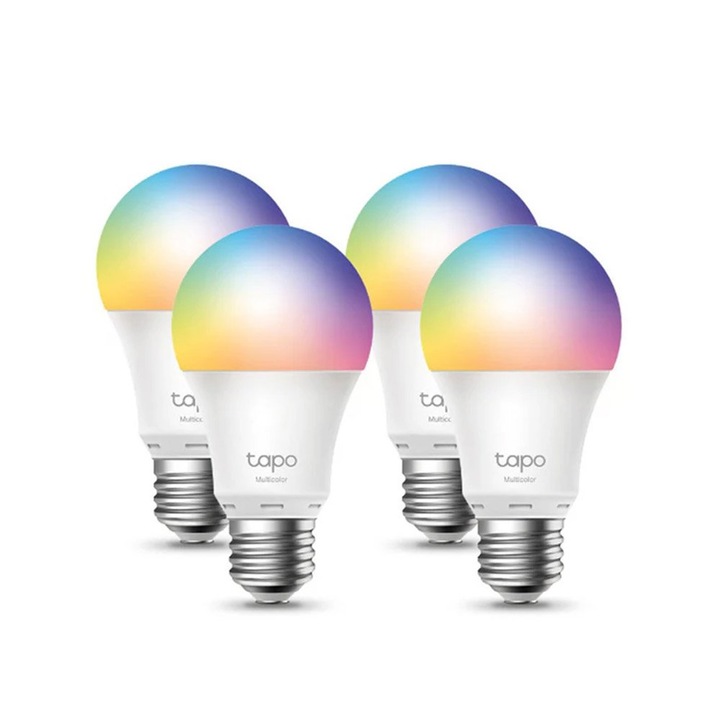 Pachet 4 becuri LED smart WiFi TP-Link TAPO L530E(4-PACK), 2.4 GHz, 806 lumeni, 60 W, 2500-6500 K, multicolor, control din aplicatie
