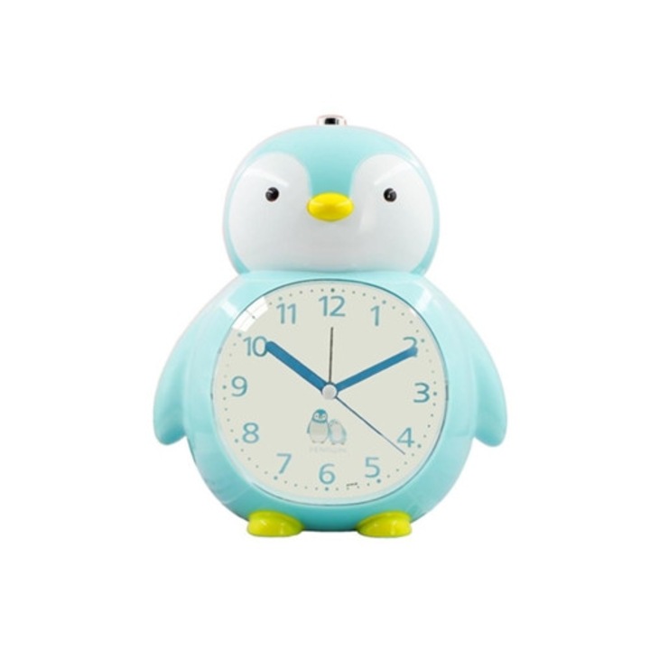 Ceas desteptator pentru copii, ceas decorativ pinguin, cu lumina de noapte, albastru