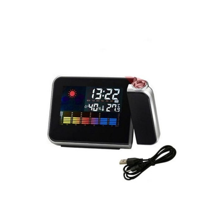 Ceas decorativ LED cu ecran colorat, proiector, termometru, negru