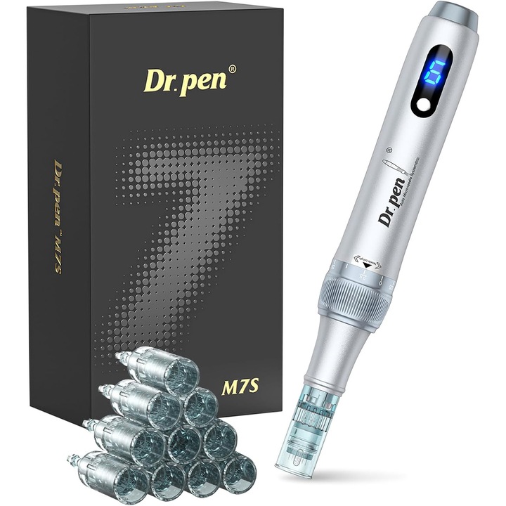 Dr Pen M7S, Dispozitiv microneedling, Aparat masaj facial,10 Cartuse, Microneedling Dermapen Profesional pentru Fata & Scalp, Riduri, Cicatrici, Caderea Parului