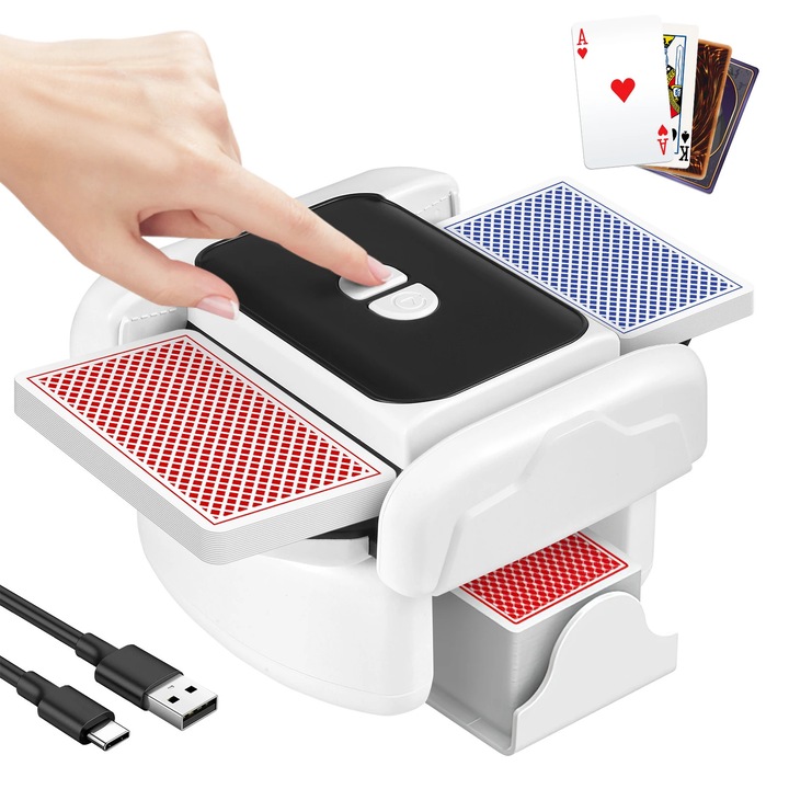 Masina de amestecat carti, Automata pentru 2 pachete, Reincarcabila, Amestecare rapida, Zgomot redus, Anti-blocaj, Compacta & usoara, Pentru UNO & Poker, Alb