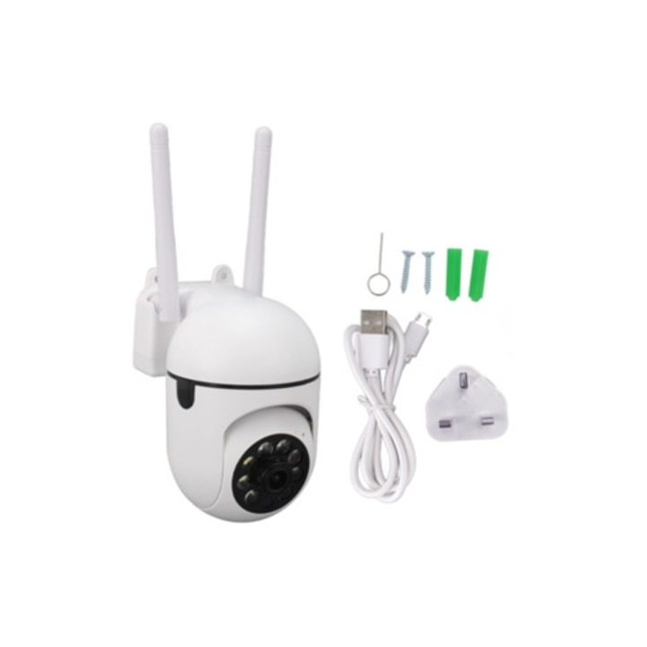 Camera de supraveghere exterioara 2K, detectie miscare 360°, alarma inteligenta, WiFi, 100-240V, priza UK