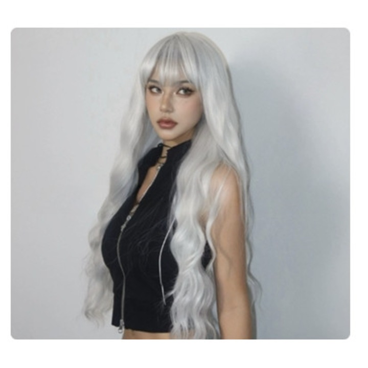 Peruca europeana si americana, set complet, breton alb-gri, bucle mari, alb-gri, 75 cm