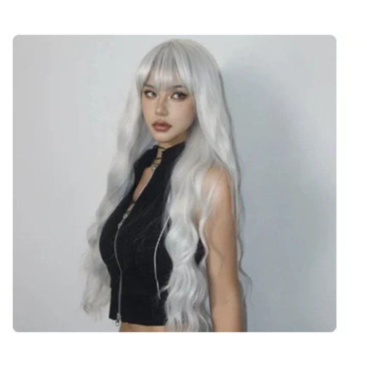 Peruca completa, big waves, ciufuri alb si gri, 75 cm, set 1 bucata