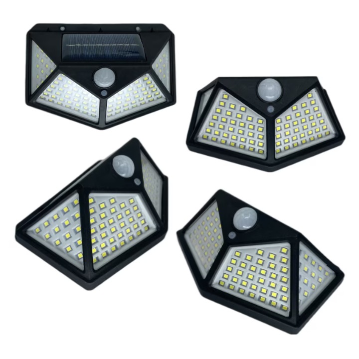 Set 4 Lampi Solare cu LED Premium KING, 4W, 280Lm, Negru, IP65, Senzor de Miscare, 135x98x52mm