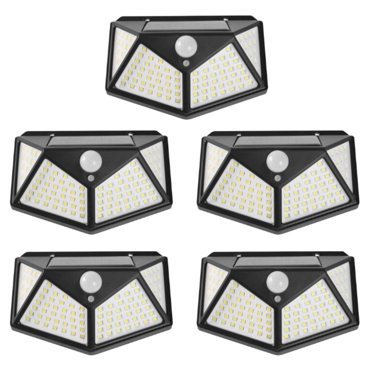 Set 5 Lampi Solare cu LED Premium KING, 4W, 280Lm, Negru, IP65, Senzor de Miscare, 135x98x52mm