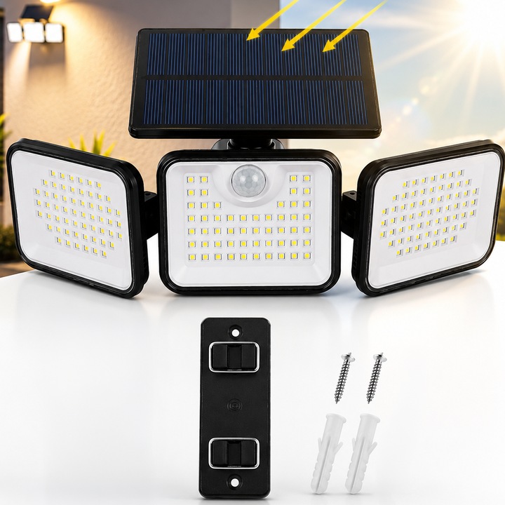 Lampa Solara 180 LED TNS®, Super Performant, Reglabil pentru Exterior, Senzor de Miscare si Lumina, Rezistenta la apa si temperaturi extreme IP65, iluminare 270°, Incarcare rapida, culoarea negra