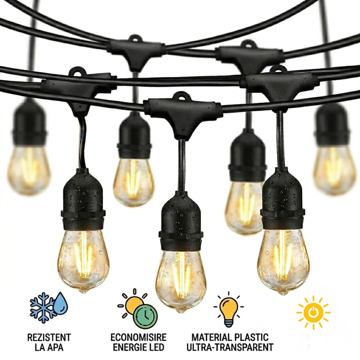 Ghirlanda Luminoasa de Exterior/Interior Infiniteea™️, 20 Becuri, Pendul, Protectie, Rezistenta la Apa, Plastic Ultra-Transparent Incasabil, 10 Metri, Ideala pentru Gradina, Terasa, Balcon, Curte, Restaurante, Evenimente, Lumina Calda, Conectabila, Negru
