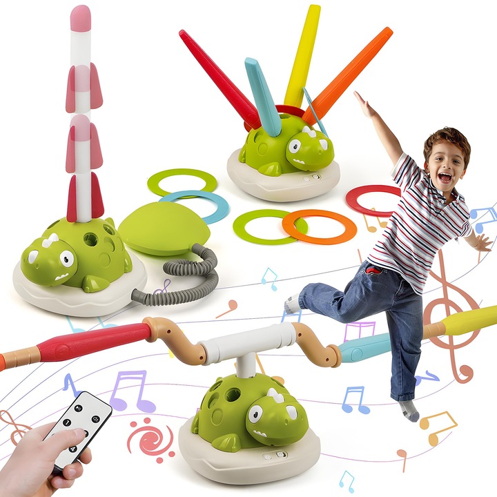 Lansator dinozaur 3 in 1, Pawlisor®, jucarie muzicala cu telecomanda, joc de sarit si aruncat, interior/exterior, pentru copii 3-8 ani, cadou