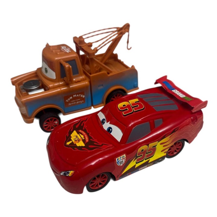 Set 2 masinute interactive de Jucarie, design inspirat din desenele animate, masina de curse si camion tractare